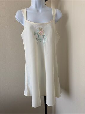 Natori Cream Slip Dress with Floral Embroidery